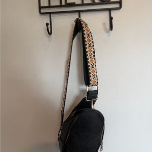 Black Crossbody Sling Bag with Patterned Adjustable Strap